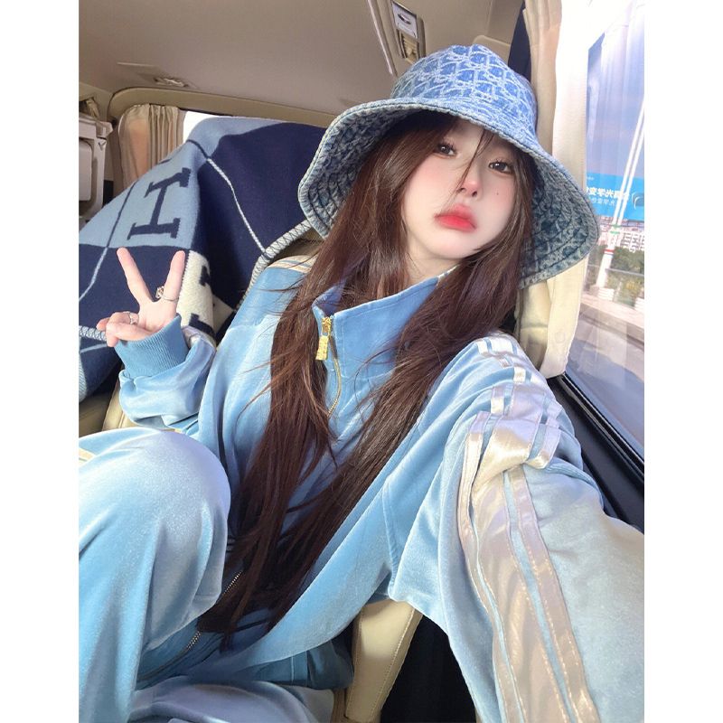 고급 연청 골드 벨벳 긴팔 재킷, 스트라이프 와이드 레 - Winter Clothing Online 리뷰 및 가격